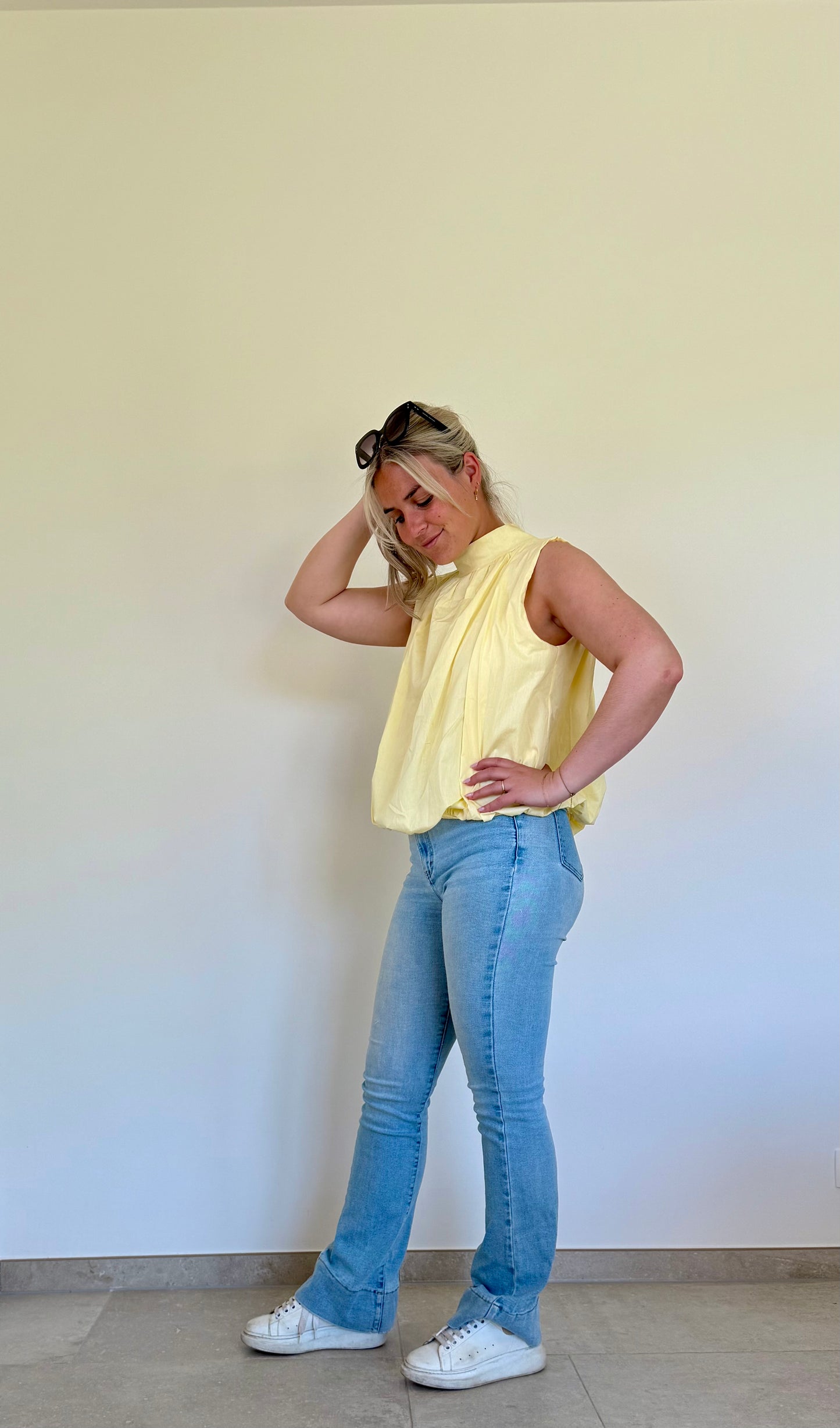 Open back yellow blouse
